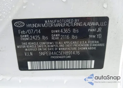 2014 Hyundai Sonata Gls from USA, damaged, VIN 5NPEB4AC5EH891476
